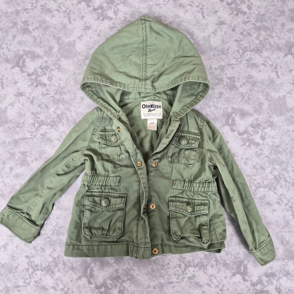 OshKosh Bgosh Utility Jacket Baby 24M 100% Cotton Hooded Canvas Sage Green Twill